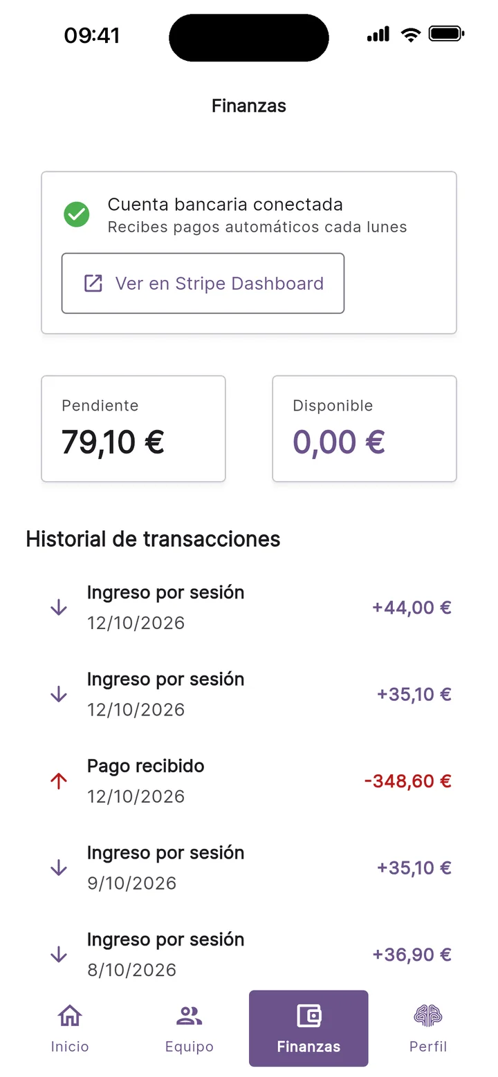 Finanzas de un centro en Teratuti: cuenta conectada, saldo pendiente y disponible, e ingresos por sesión