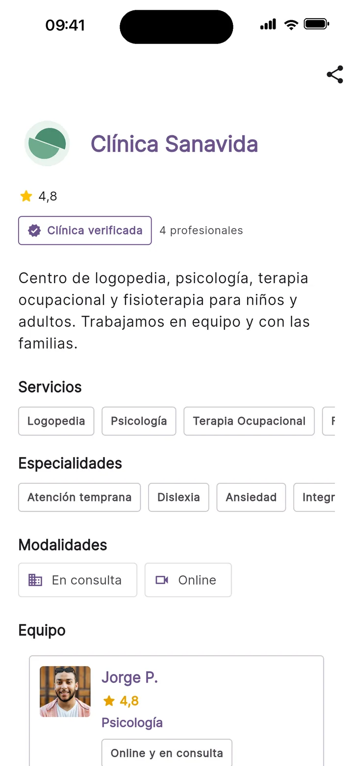 Página de un centro en Teratuti: valoración, centro verificado, servicios, especialidades, modalidades y equipo