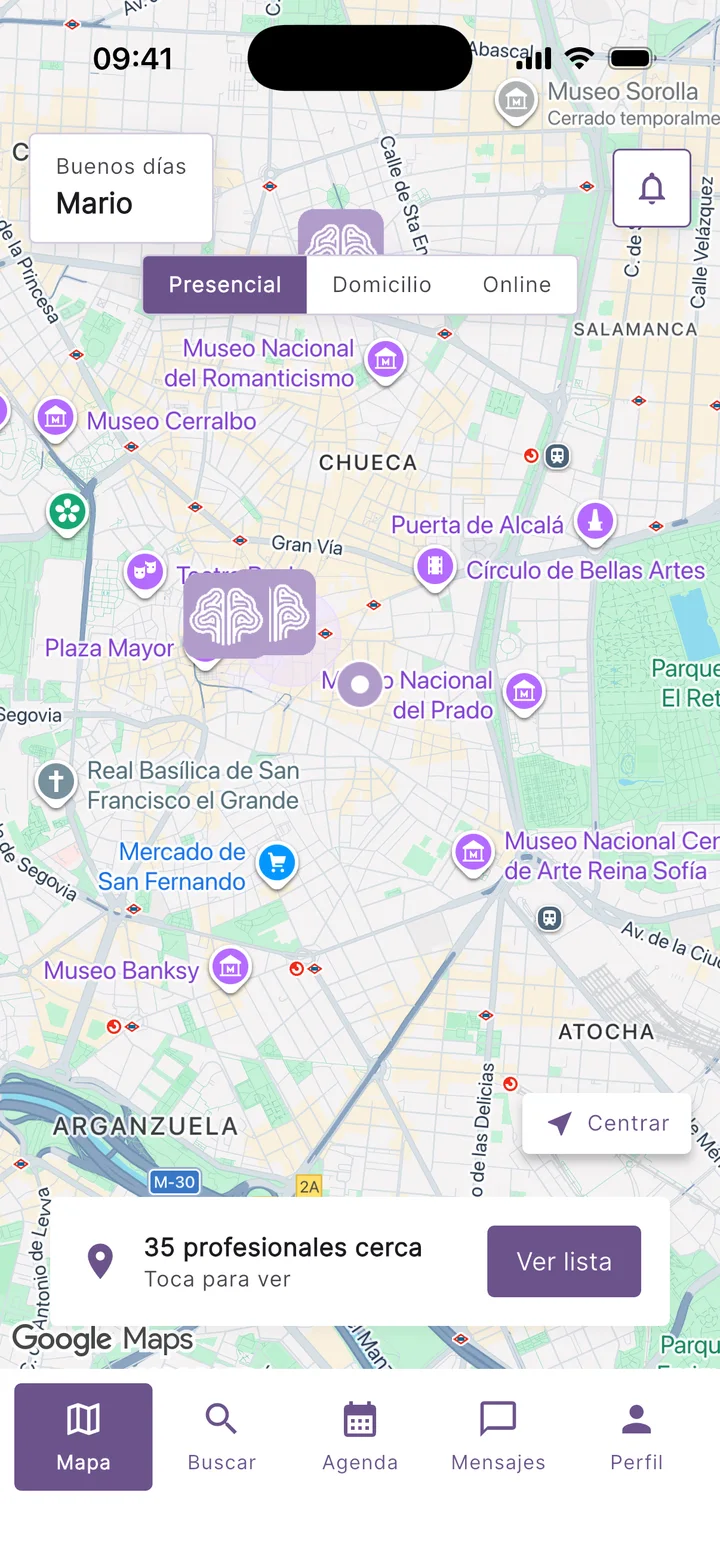 Mapa de la app Teratuti con profesionales sociosanitarios cerca de ti