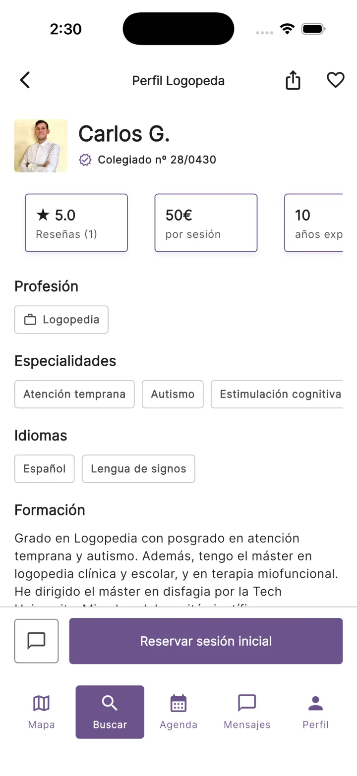 Perfil de un profesional en Teratuti: valoraciones, precio, especialidades y colegiacion