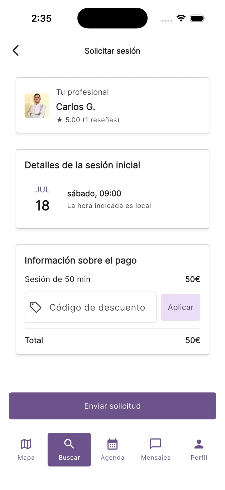 Resumen de reserva y pago de la sesion inicial en la app Teratuti