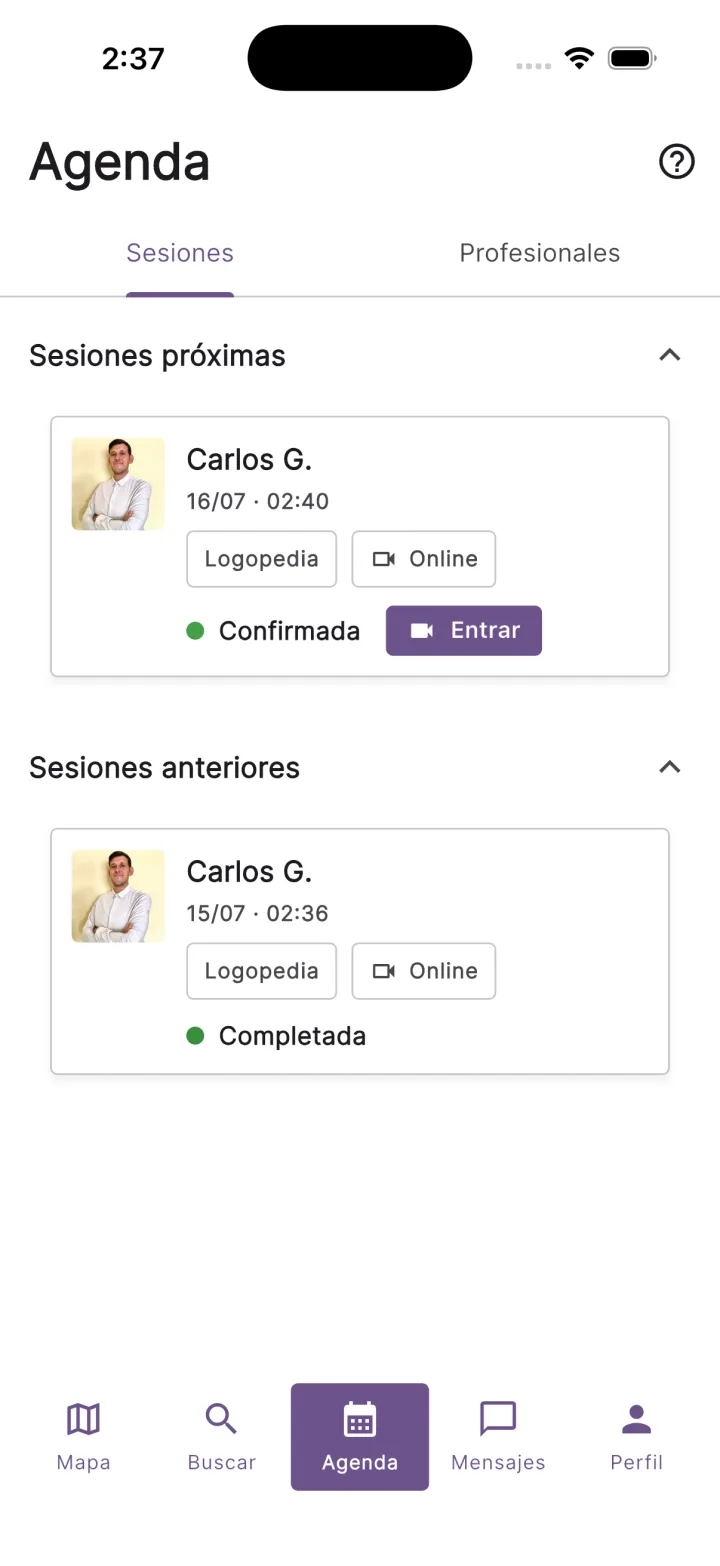 Sesion online confirmada en la agenda de Teratuti con boton para entrar a la videollamada