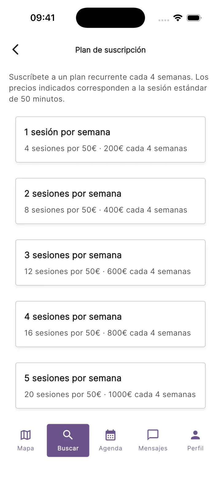 Suscripción de sesiones en la app de Teratuti