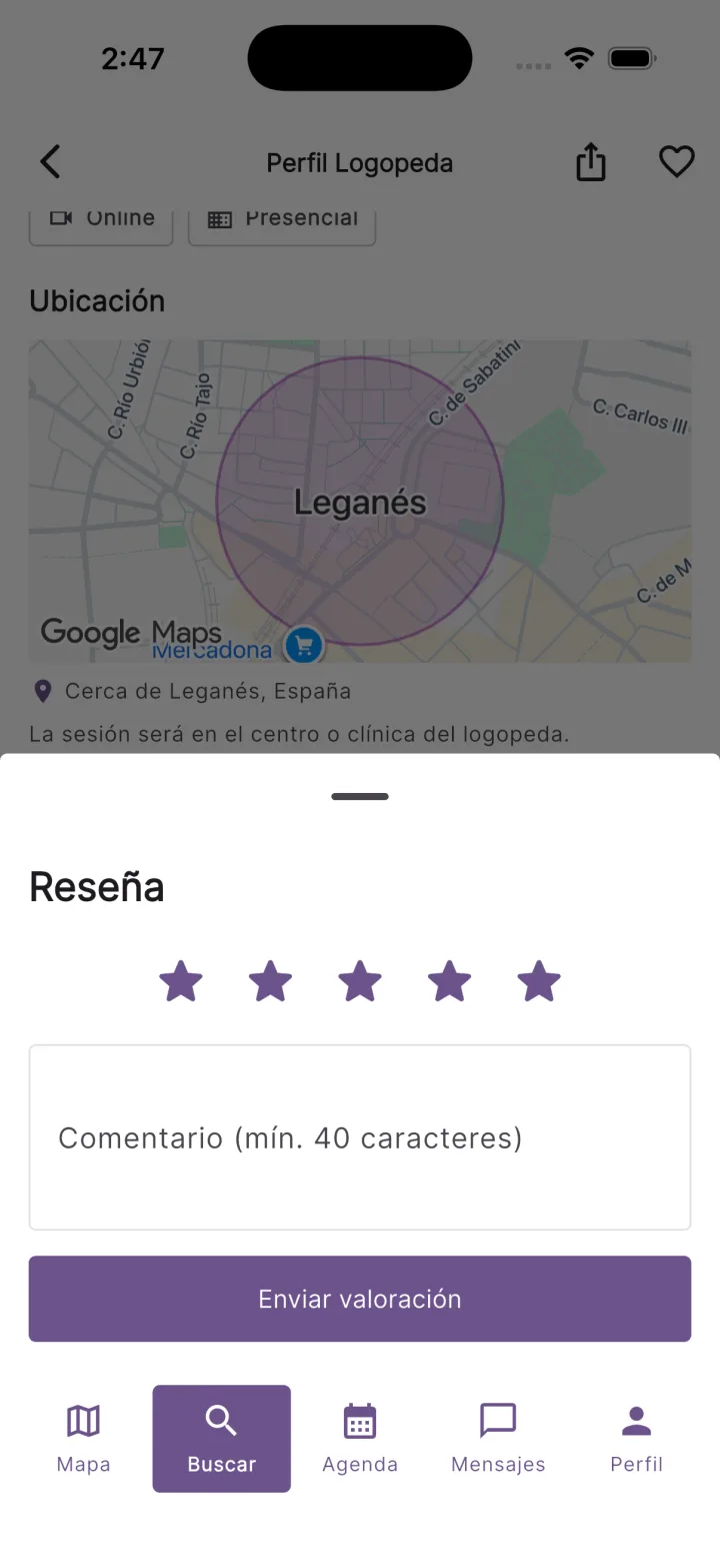 Valorar una sesion con estrellas y comentario en la app Teratuti
