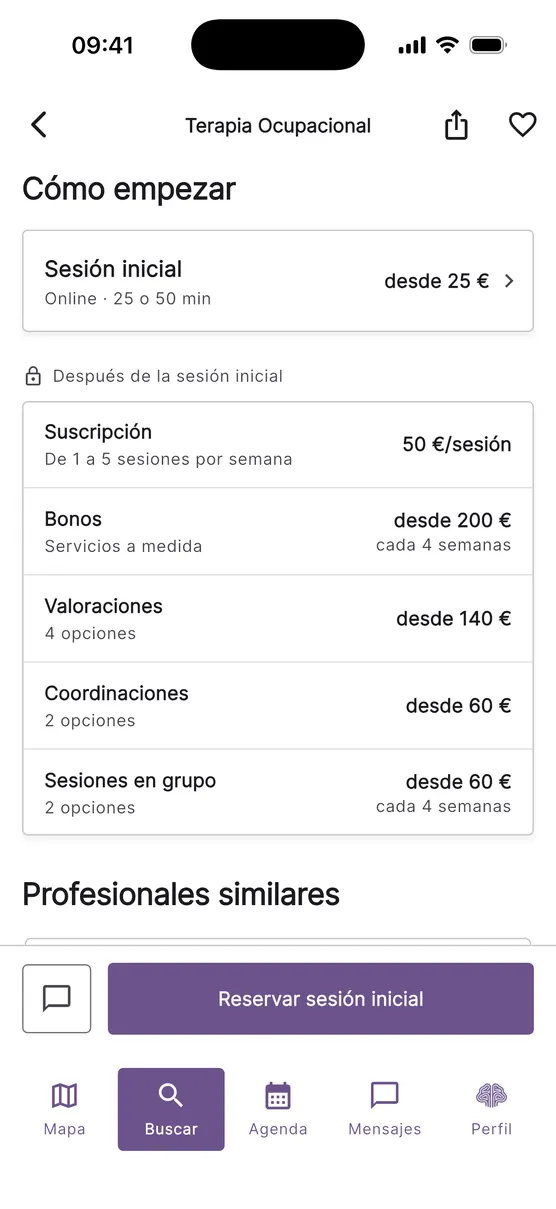 Perfil de un profesional en la app Teratuti: después de la sesión inicial, suscripción o bonos