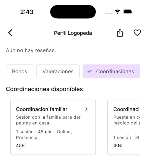 Coordinaciones disponibles de un profesional en Teratuti